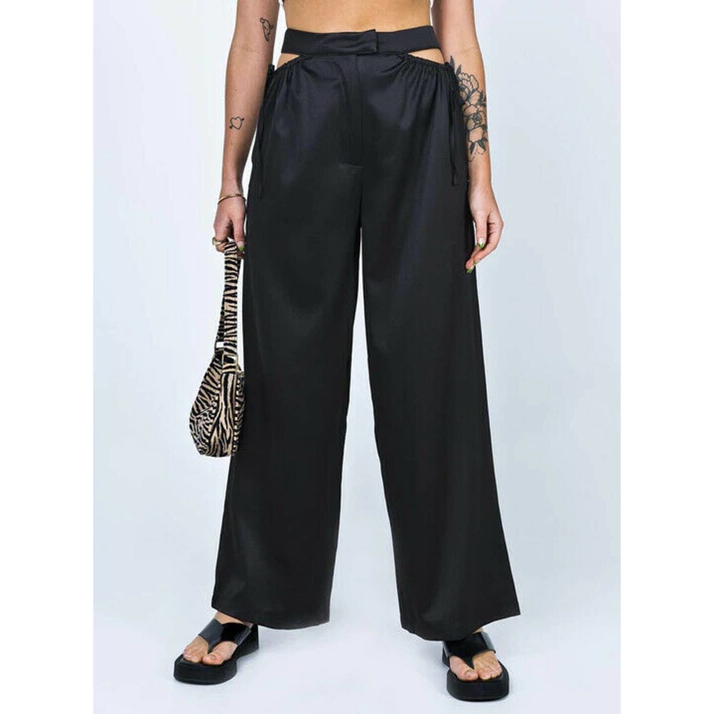 Princess Polly Charley Pants Women Size 4 Black Cutout High Rise Relaxed Leg NEW